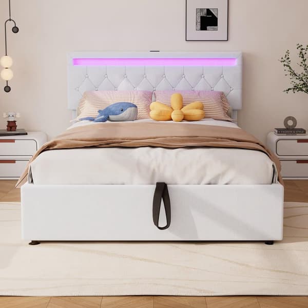 Sengegavl i linned med LED - USB- og Type-C-stik på sengen - med lamelbund