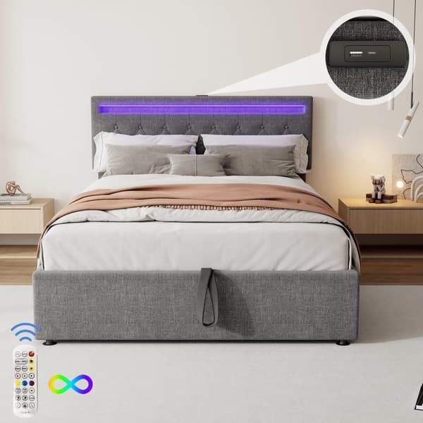 Sengegavl i linned med LED - USB- og Type-C-stik på sengen - med lamelbund