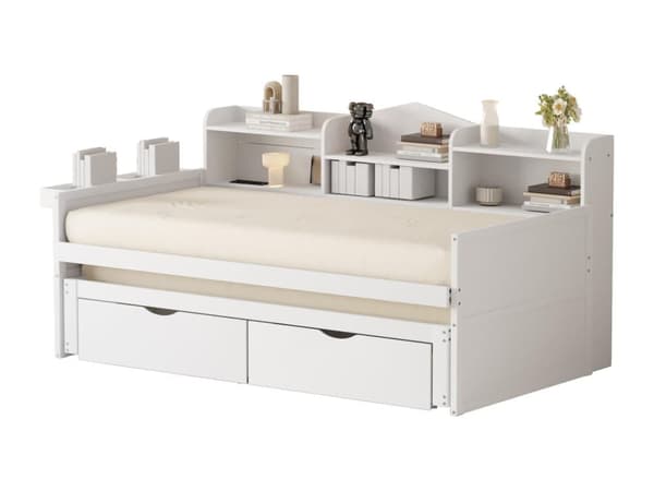 Sovesofa i træ 90x200cm - med sammenklappelig seng 90x190cm og 2 skuffer - med USB-stik - Hvid