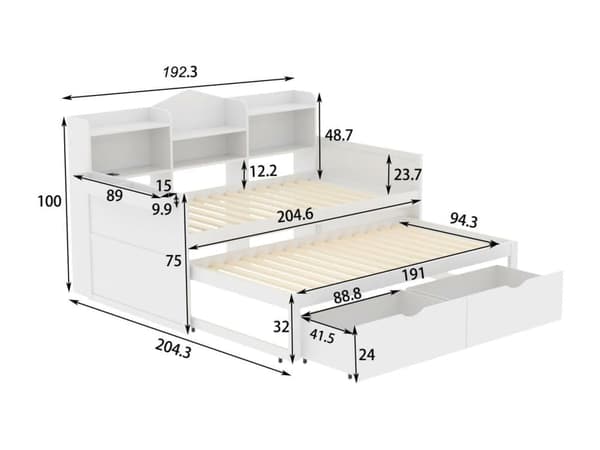 Sovesofa i træ 90x200cm - med sammenklappelig seng 90x190cm og 2 skuffer - med USB-stik - Hvid