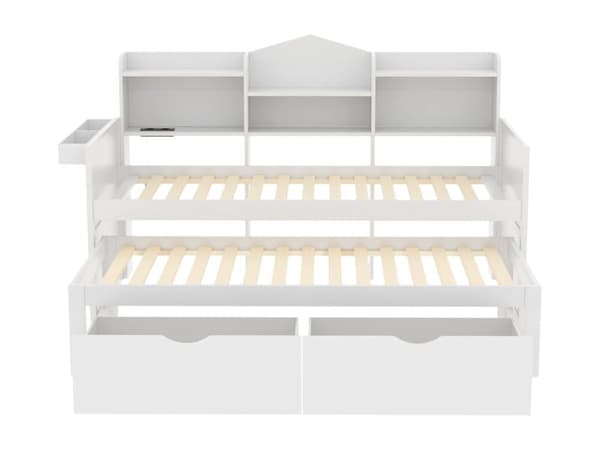 Sovesofa i træ 90x200cm - med sammenklappelig seng 90x190cm og 2 skuffer - med USB-stik - Hvid