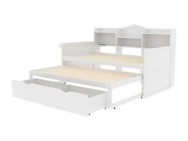 Sovesofa i træ 90x200cm - med sammenklappelig seng 90x190cm og 2 skuffer - med USB-stik - Hvid