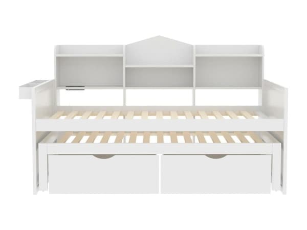 Sovesofa i træ 90x200cm - med sammenklappelig seng 90x190cm og 2 skuffer - med USB-stik - Hvid