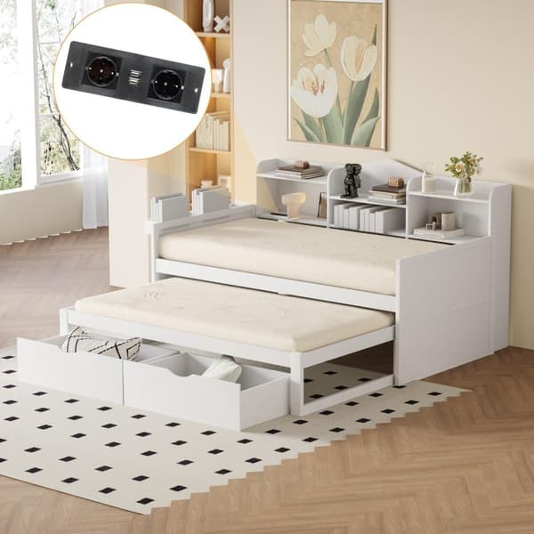 Sovesofa i træ 90x200cm - med sammenklappelig seng 90x190cm og 2 skuffer - med USB-stik - Hvid