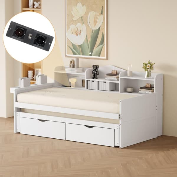 Sovesofa i træ 90x200cm - med sammenklappelig seng 90x190cm og 2 skuffer - med USB-stik - Hvid