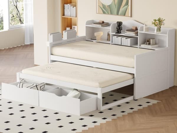 Sovesofa i træ 90x200cm - med sammenklappelig seng 90x190cm og 2 skuffer - med USB-stik - Hvid