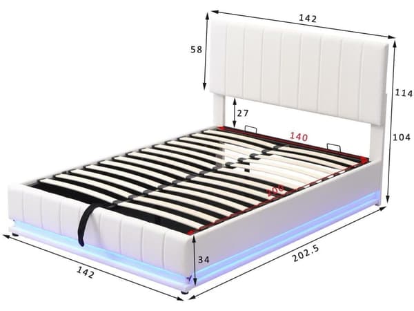 Boxsäng i läderimitation med LED + lamellbotten + justerbar huvudgavel - Vit