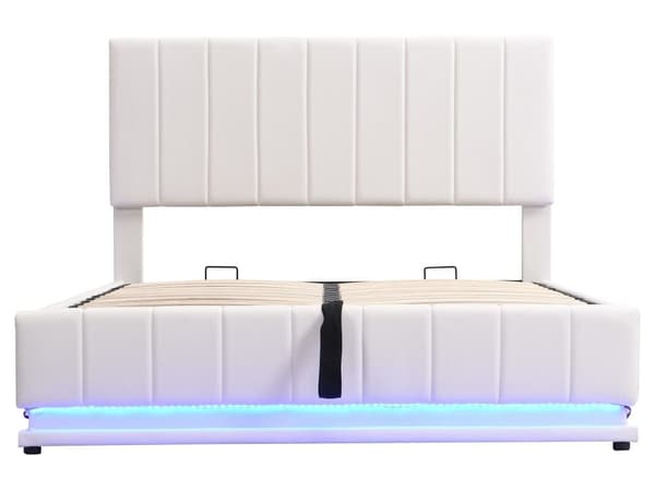 Boxsäng i läderimitation med LED + lamellbotten + justerbar huvudgavel - Vit
