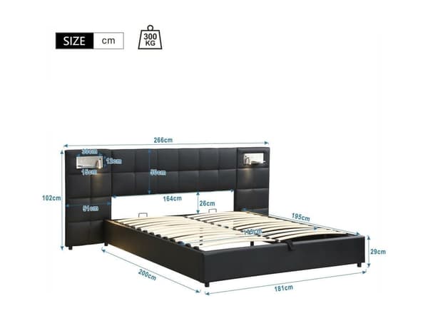it coffre 180x200cm tyg i konstläder - med USB、laddningsbar trådlös och LED - med lamellbotten