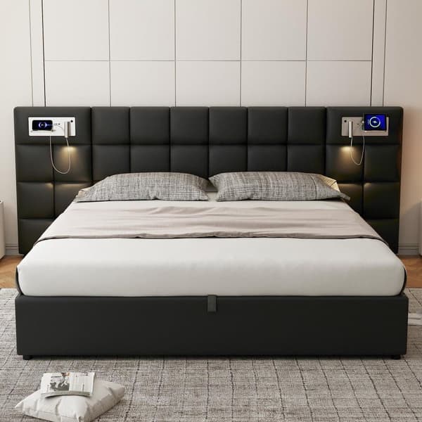 it coffre 180x200cm tyg i konstläder - med USB、laddningsbar trådlös och LED - med lamellbotten