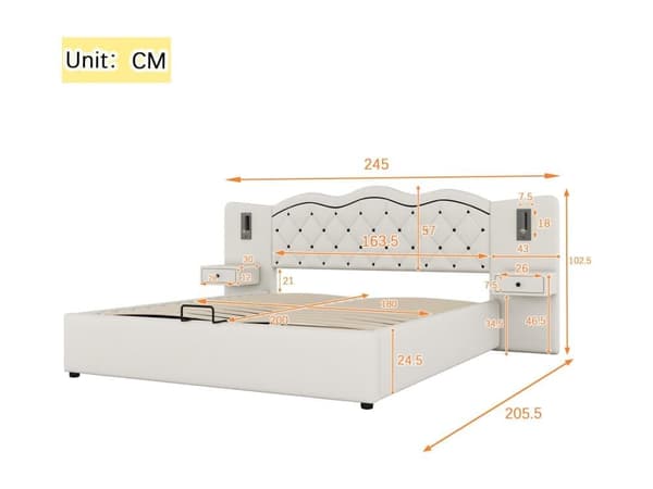 Sengelinned Toiletseng 180x200 cm - 2 natborde med USB-stik og lamper