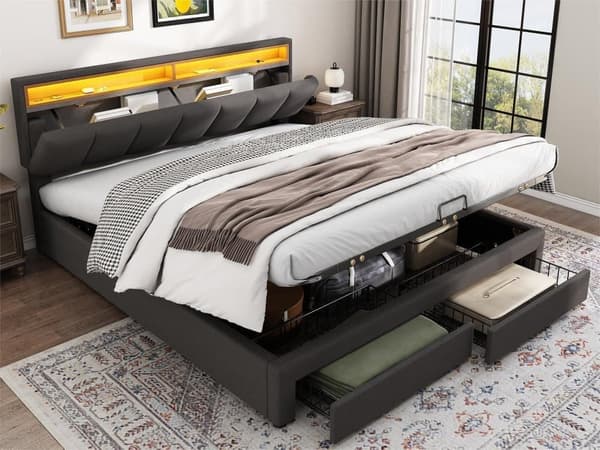Linneklädd säng med låda och LED - huvudgavel med förvaring - sängbotten med lameller - Grå 160*200cm