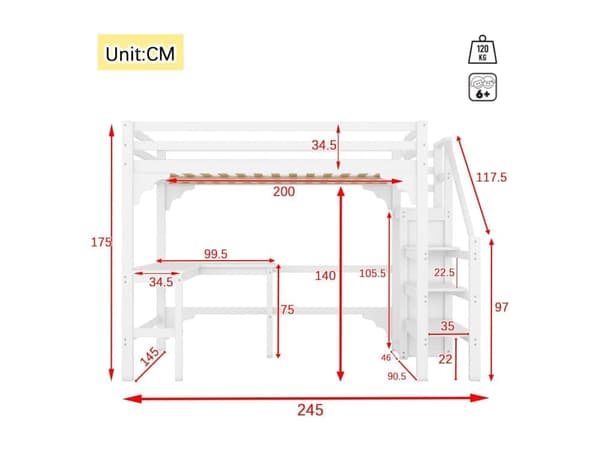 Loftseng i træ 140x200cm - med skrivebord, garderobe og bundplade - Hvid