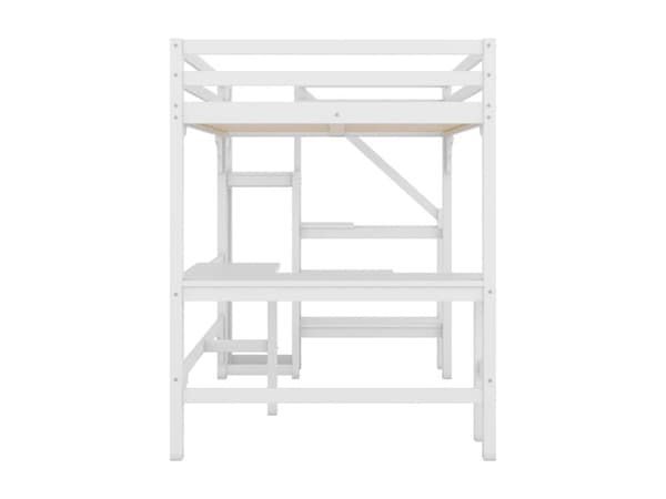 Loftseng i træ 140x200cm - med skrivebord, garderobe og bundplade - Hvid