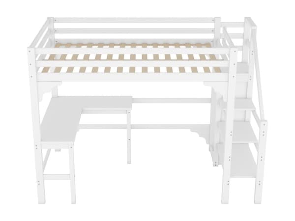 Loftseng i træ 140x200cm - med skrivebord, garderobe og bundplade - Hvid