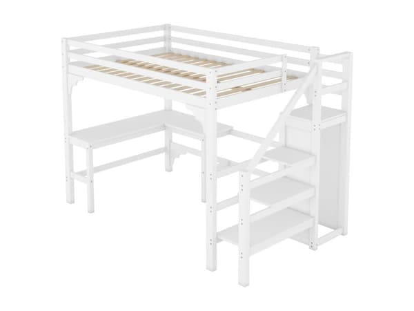 Loftseng i træ 140x200cm - med skrivebord, garderobe og bundplade - Hvid
