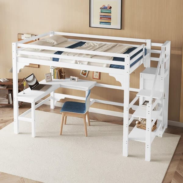 Loftseng i træ 140x200cm - med skrivebord, garderobe og bundplade - Hvid