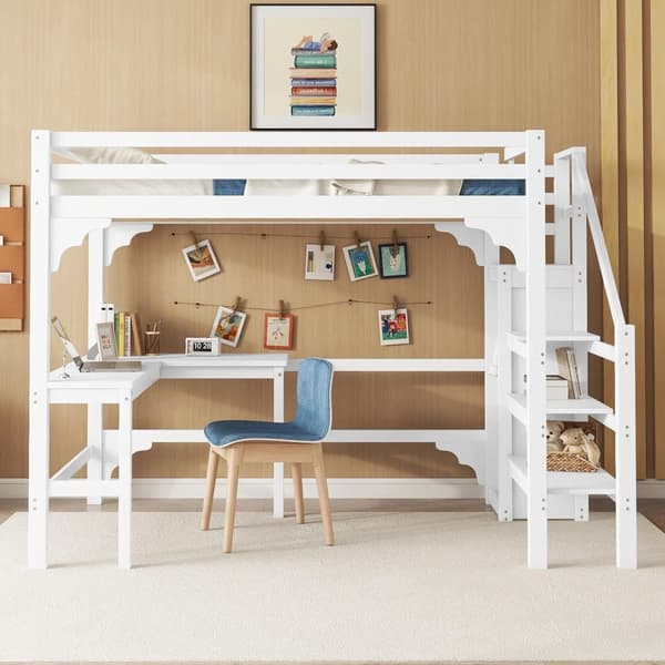 Loftseng i træ 140x200cm - med skrivebord, garderobe og bundplade - Hvid