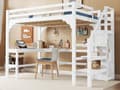 Miniatyrbillede 1 af 8: Loftseng i træ 140x200cm - med skrivebord, garderobe og bundplade - Hvid