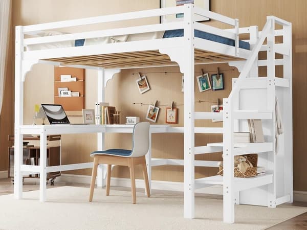 Loftseng i træ 140x200cm - med skrivebord, garderobe og bundplade - Hvid