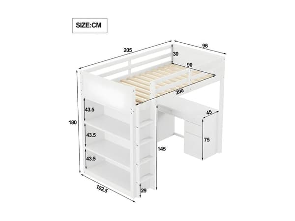 Mezzanine-säng 90x200 cm - med förvaringsenheter och skrivbord - massivt trä