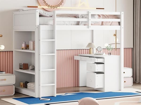 Mezzanine-säng 90x200 cm - med förvaringsenheter och skrivbord - massivt trä