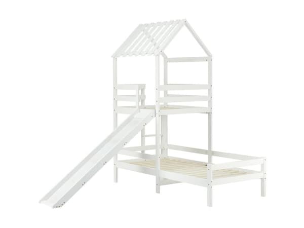 cabane kerrossänky liukumäellä - 90x200cm + 90x100cm - massiivimänty - valkoinen