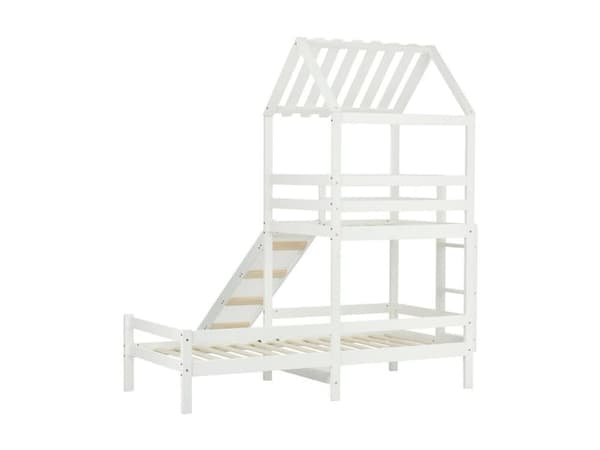 cabane kerrossänky liukumäellä - 90x200cm + 90x100cm - massiivimänty - valkoinen