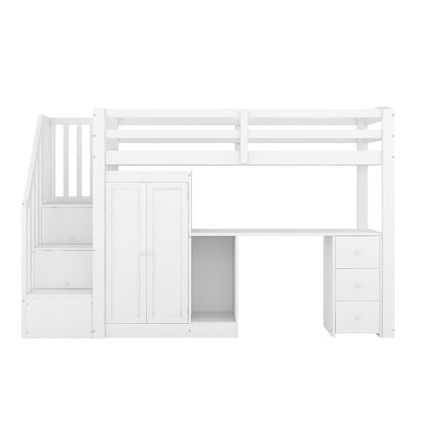90 x 200 cm puinen parvisänky - vaatekaappi, kirjoituspöytä ja varastoportaat - valkoinen