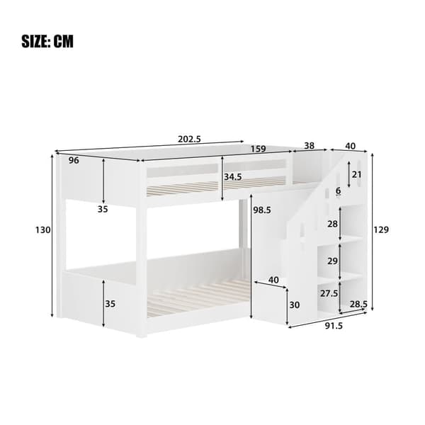 Køjeseng til børn - 2x90x200 cm - med trappeskab og gelænder - hvid (uden madras)