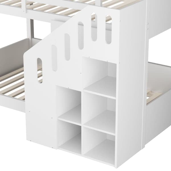 Køjeseng til børn - 2x90x200 cm - med trappeskab og gelænder - hvid (uden madras)