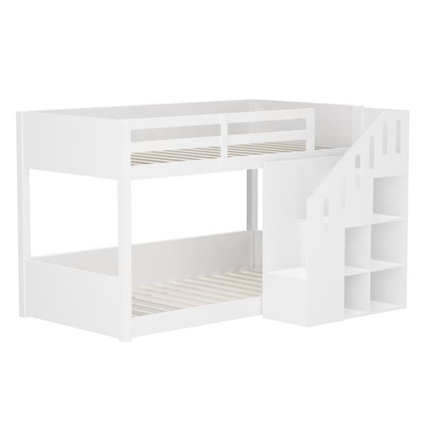 Køjeseng til børn - 2x90x200 cm - med trappeskab og gelænder - hvid (uden madras)