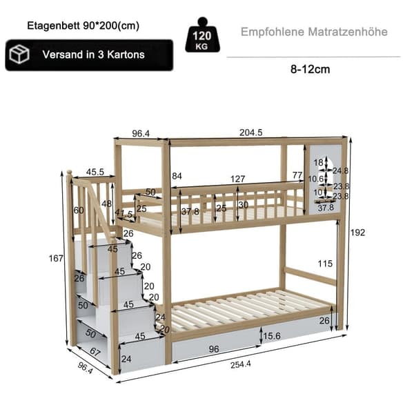 Køjeseng 90 x 200 cm i massivt træ - 2 skuffer og opbevaringstrapper - natur og hvid