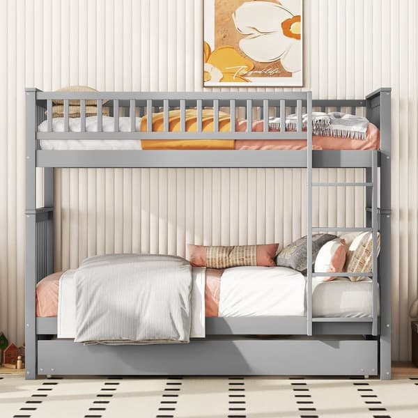 Våningssäng 2x90x200cm med utdragbar säng 90x190cm - med räcke och trappa - grå