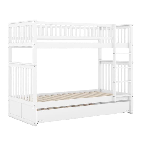 Våningssäng 2x90x200cm med utdragbar säng 90x190cm - med räcke och trappa - vit