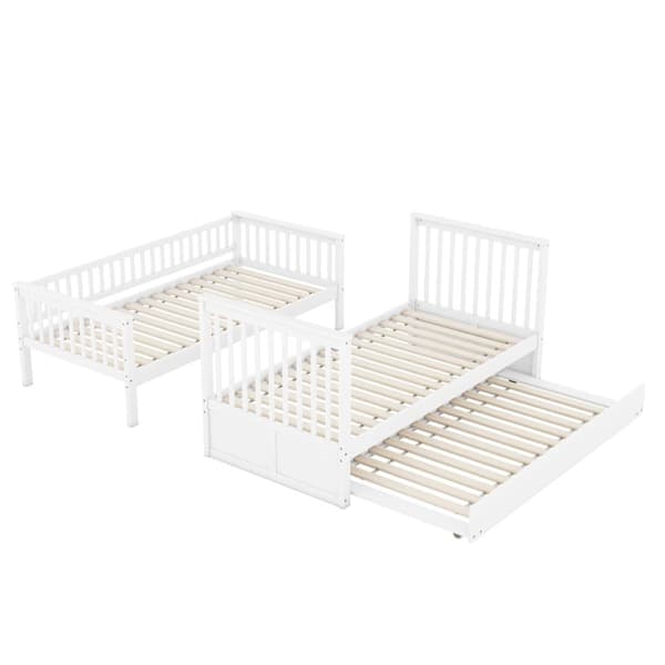 Våningssäng 2x90x200cm med utdragbar säng 90x190cm - med räcke och trappa - vit