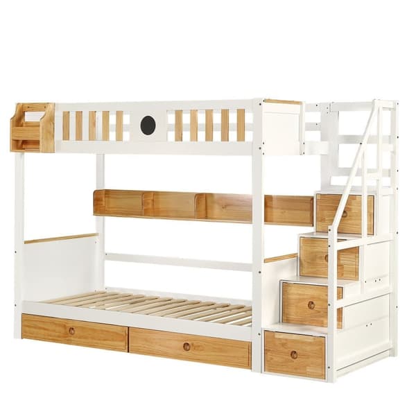 Køjeseng med opbevaringstrappe - 90 x 200 cm - 4 skabe på trappen og 2 skuffer under sengen - med lamelramme - hvid