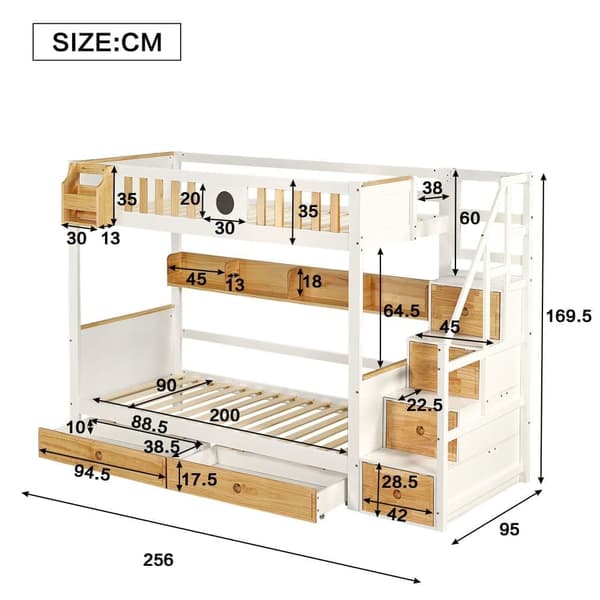 Køjeseng med opbevaringstrappe - 90 x 200 cm - 4 skabe på trappen og 2 skuffer under sengen - med lamelramme - hvid