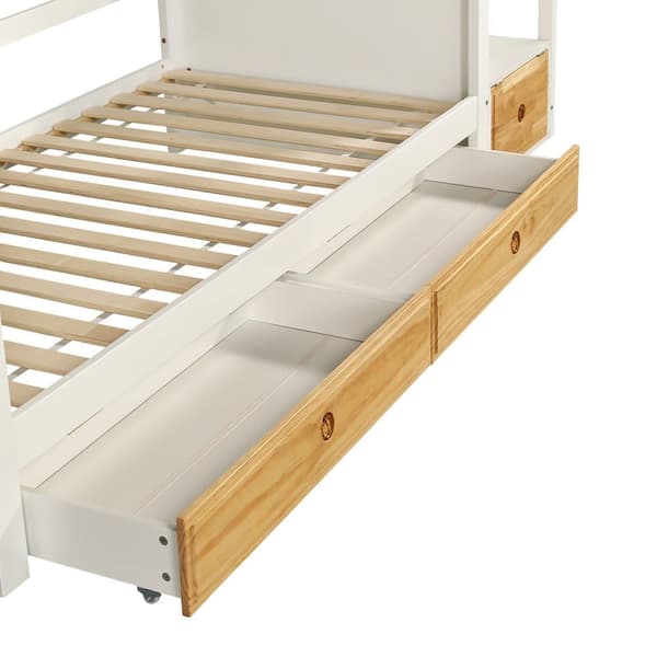 Køjeseng med opbevaringstrappe - 90 x 200 cm - 4 skabe på trappen og 2 skuffer under sengen - med lamelramme - hvid