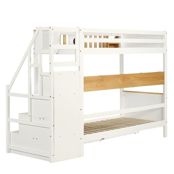 Køjeseng med opbevaringstrappe - 90 x 200 cm - 4 skabe på trappen og 2 skuffer under sengen - med lamelramme - hvid