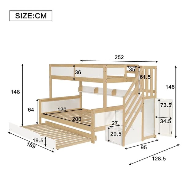Våningssäng 90 x 200 cm + 120 x 200 cm + utdragbar säng 90 x 190 cm vit och natur