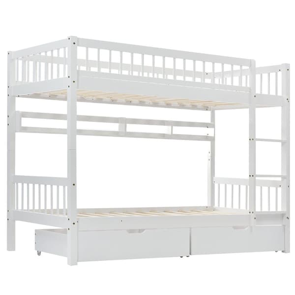 Våningssäng av furu och MDF - 90 x 200 cm + 140 x 200 cm - med 2 lådor och hylla - vit