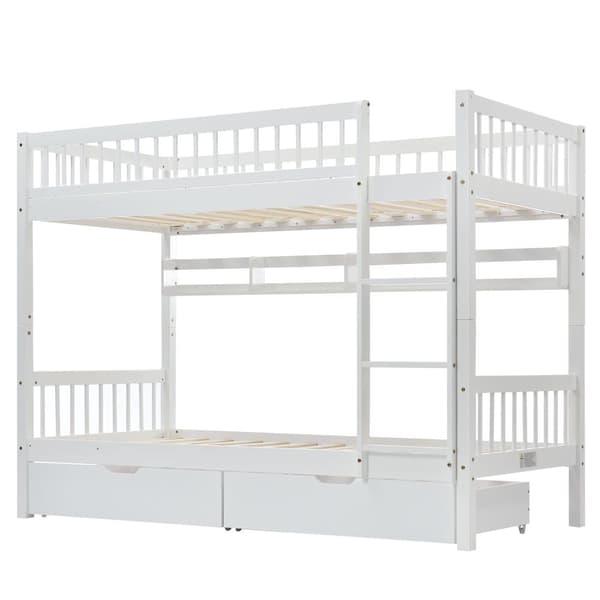 Våningssäng av furu och MDF - 90 x 200 cm + 140 x 200 cm - med 2 lådor och hylla - vit