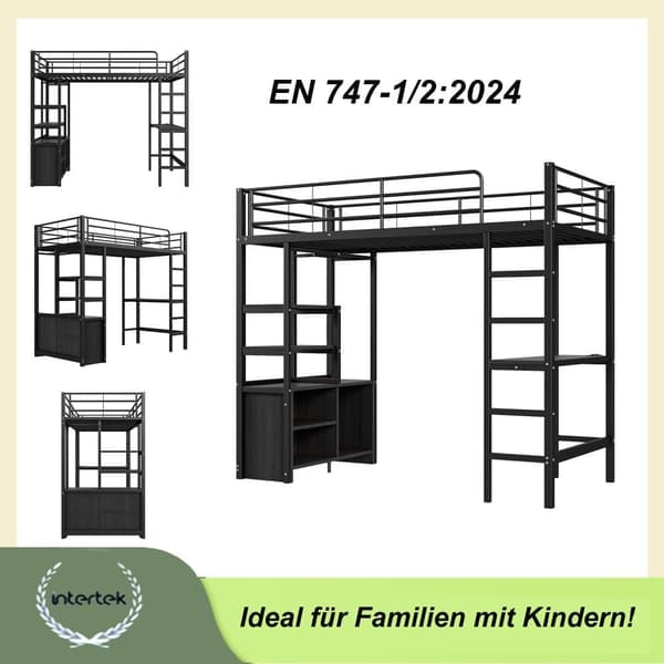 90 x 200 cm loftsäng i metall - med skrivbord + USB-portar + barriärer - svart