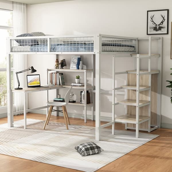 Hems 140x200 cm - jernstel - med skrivebord og hylder - hvid