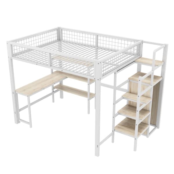 Hems 140x200 cm - jernstel - med skrivebord og hylder - hvid