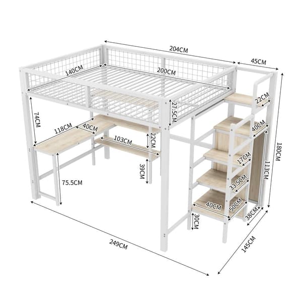 Hems 140x200 cm - jernstel - med skrivebord og hylder - hvid