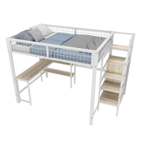 Hems 140x200 cm - jernstel - med skrivebord og hylder - hvid