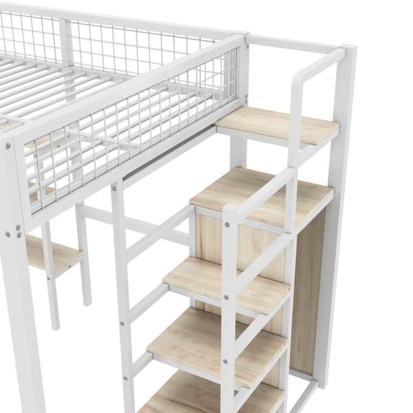 Hems 140x200 cm - jernstel - med skrivebord og hylder - hvid