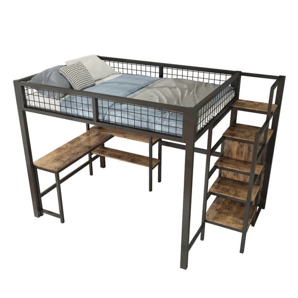 Hems 140x200 cm - jernstel - med skrivebord og hylder - sort